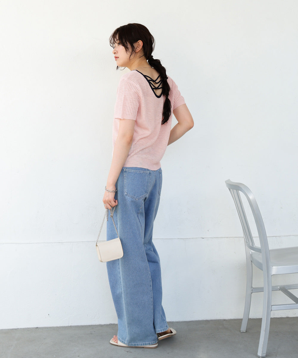 レースアップサマーニットトップス