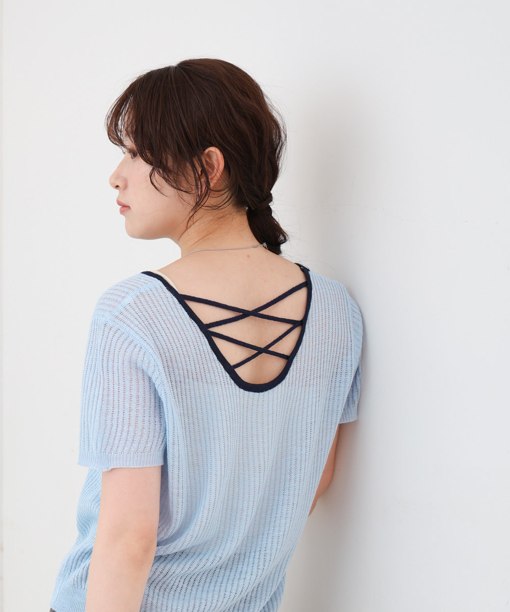 レースアップサマーニットトップス