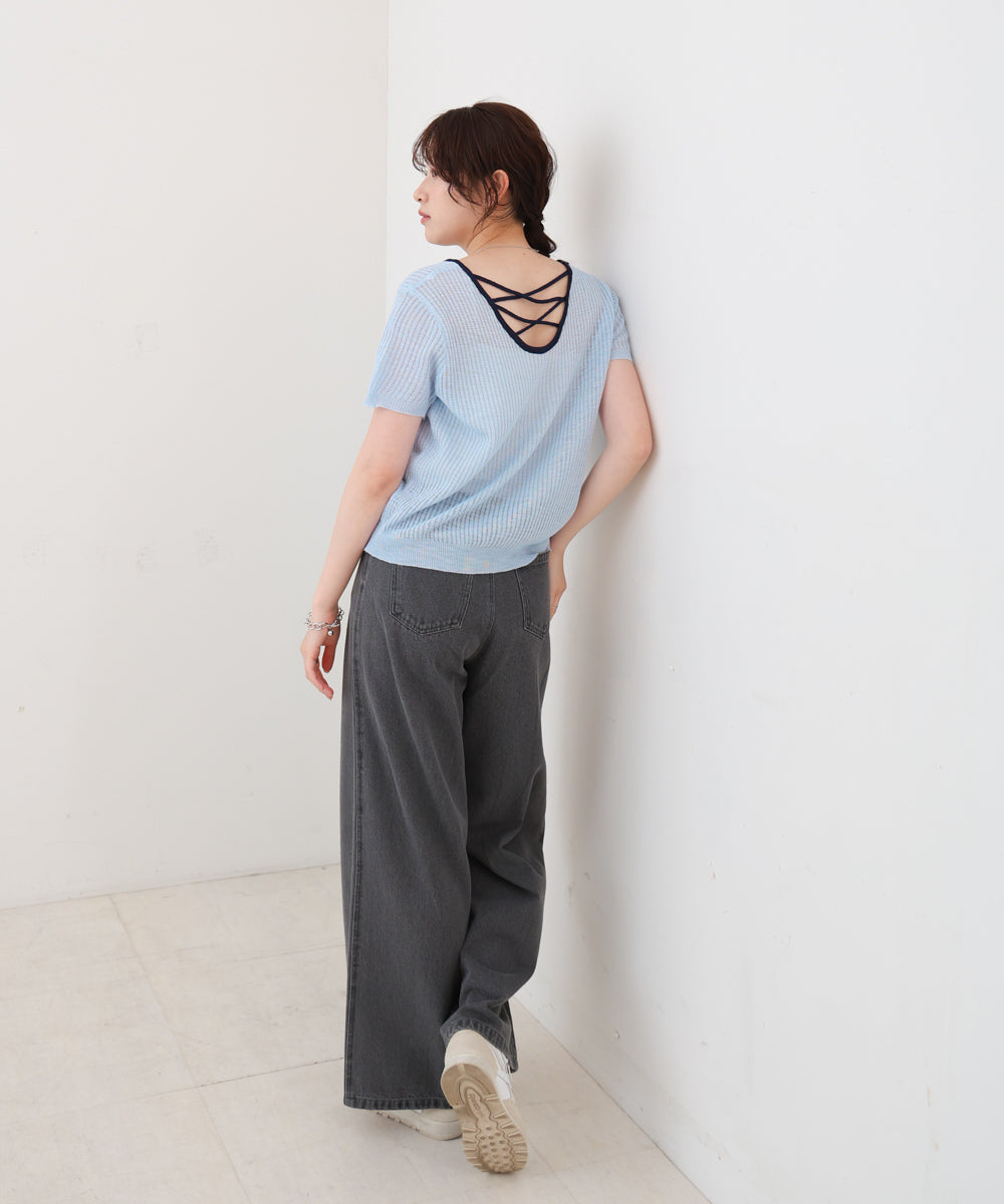 レースアップサマーニットトップス