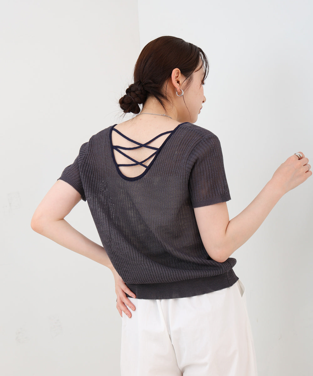 レースアップサマーニットトップス