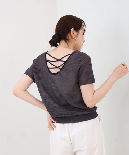レースアップサマーニットトップス