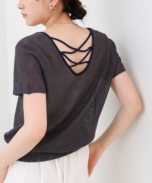 レースアップサマーニットトップス