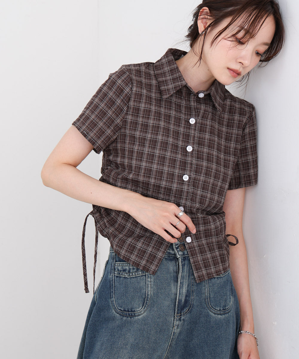 サイドリボンアソートチェックブラウス