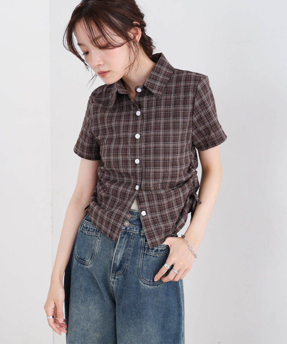サイドリボンアソートチェックブラウス