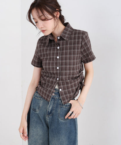 サイドリボンアソートチェックブラウス