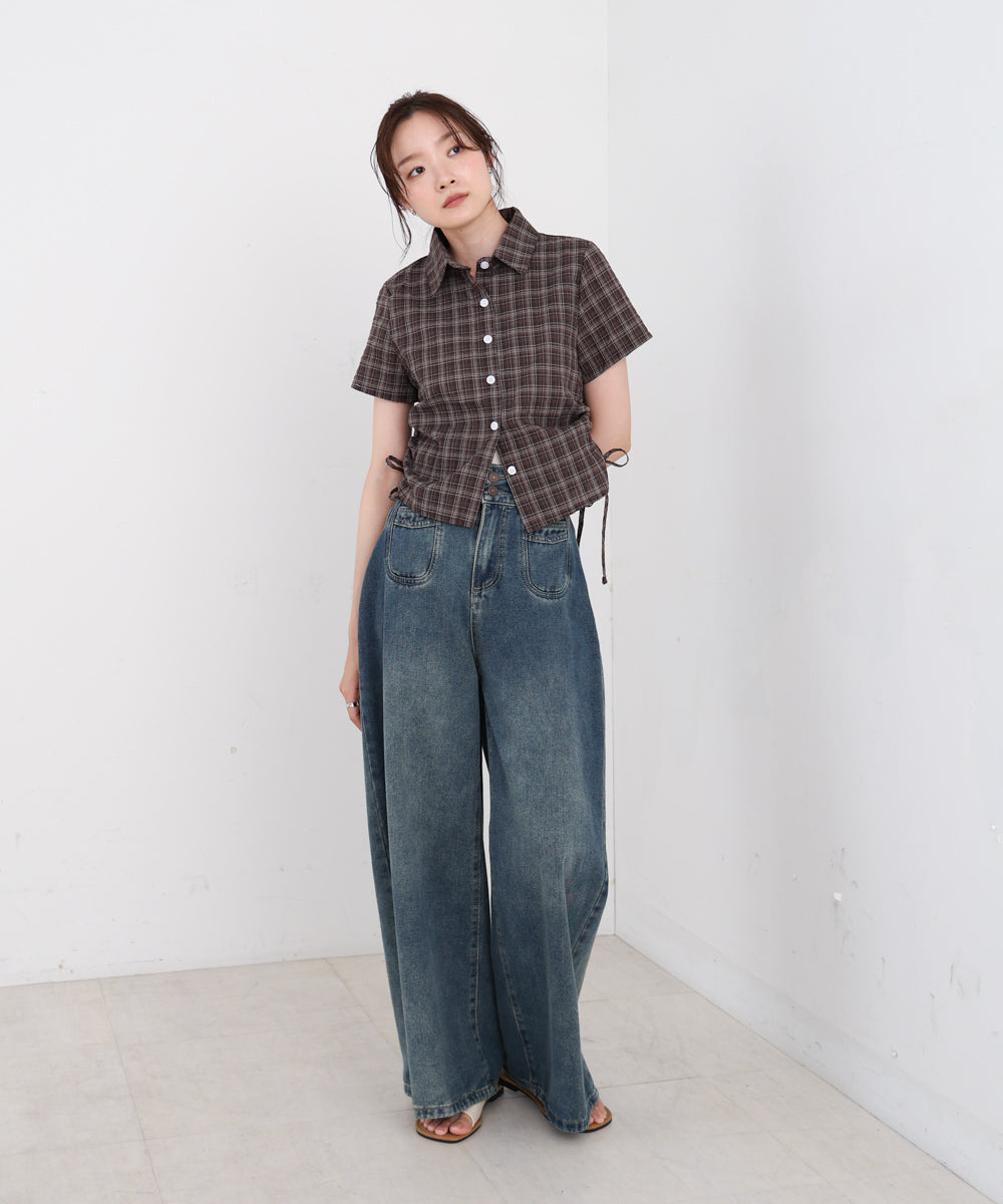 サイドリボンアソートチェックブラウス