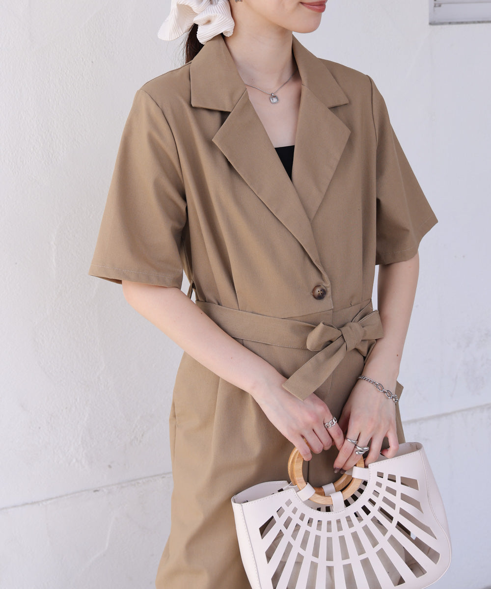 テーラードウエストリボンオールインワン