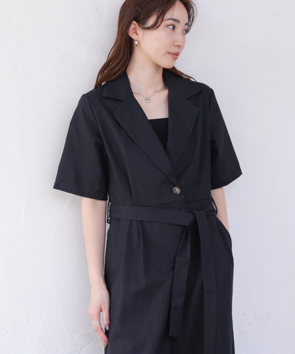 テーラードウエストリボンオールインワン