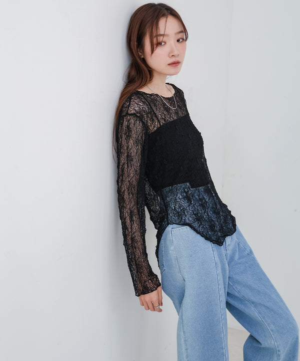 アシメヘムデザインスリットレーストップス