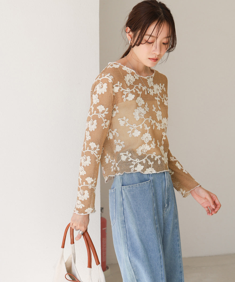 刺繍透かし編みトップス