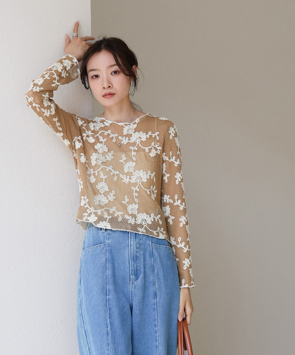 刺繍透かし編みトップス