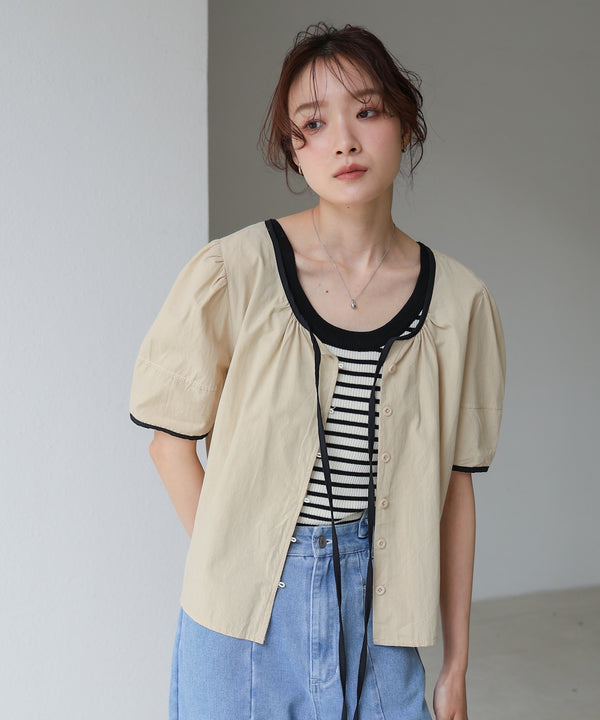 パイピングリボンブラウス