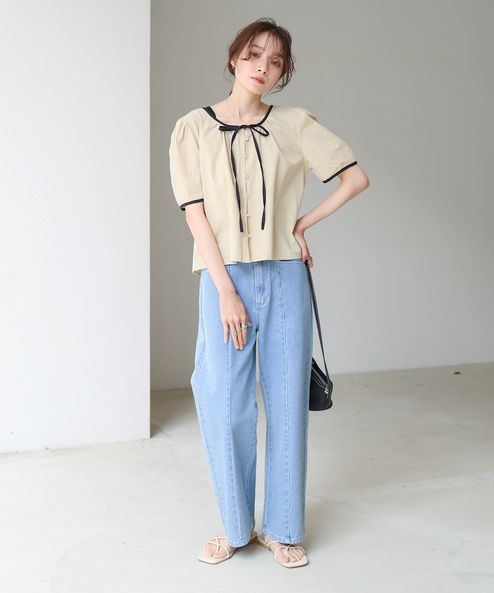 パイピングリボンブラウス