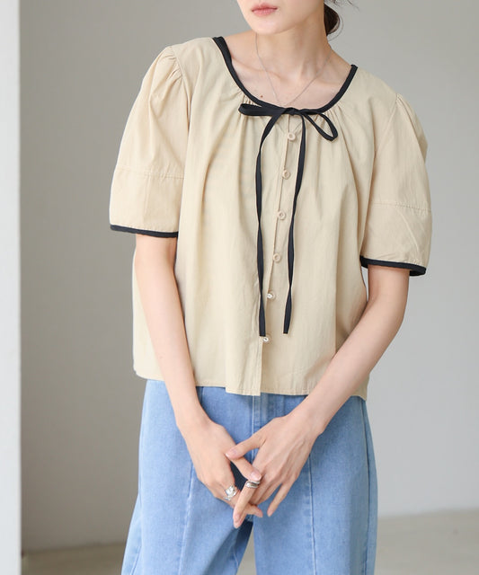 パイピングリボンブラウス