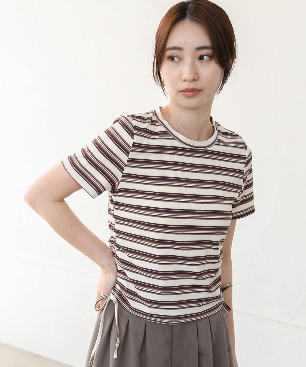 マルチボーダーサイドシャーリングＴシャツ