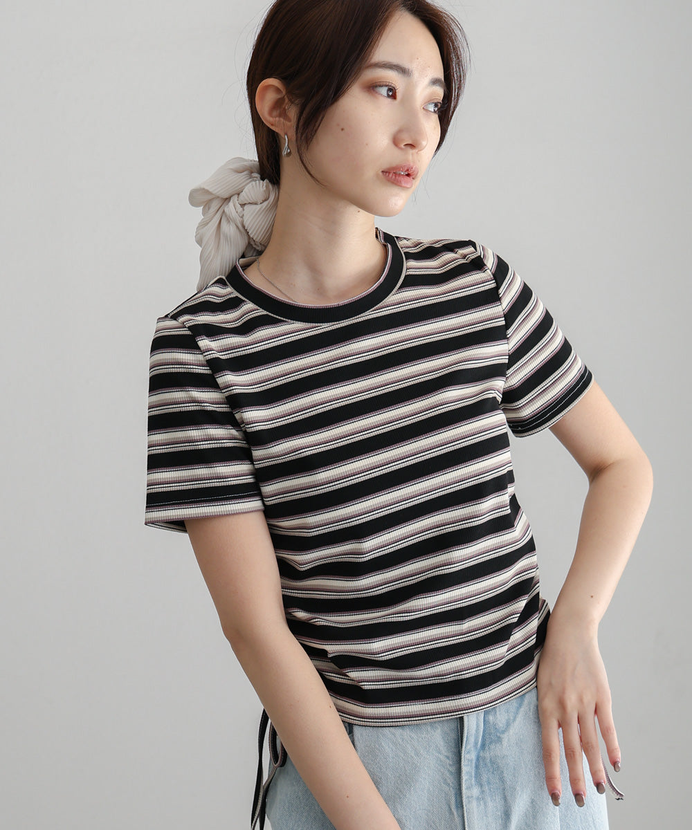 マルチボーダーサイドシャーリングＴシャツ