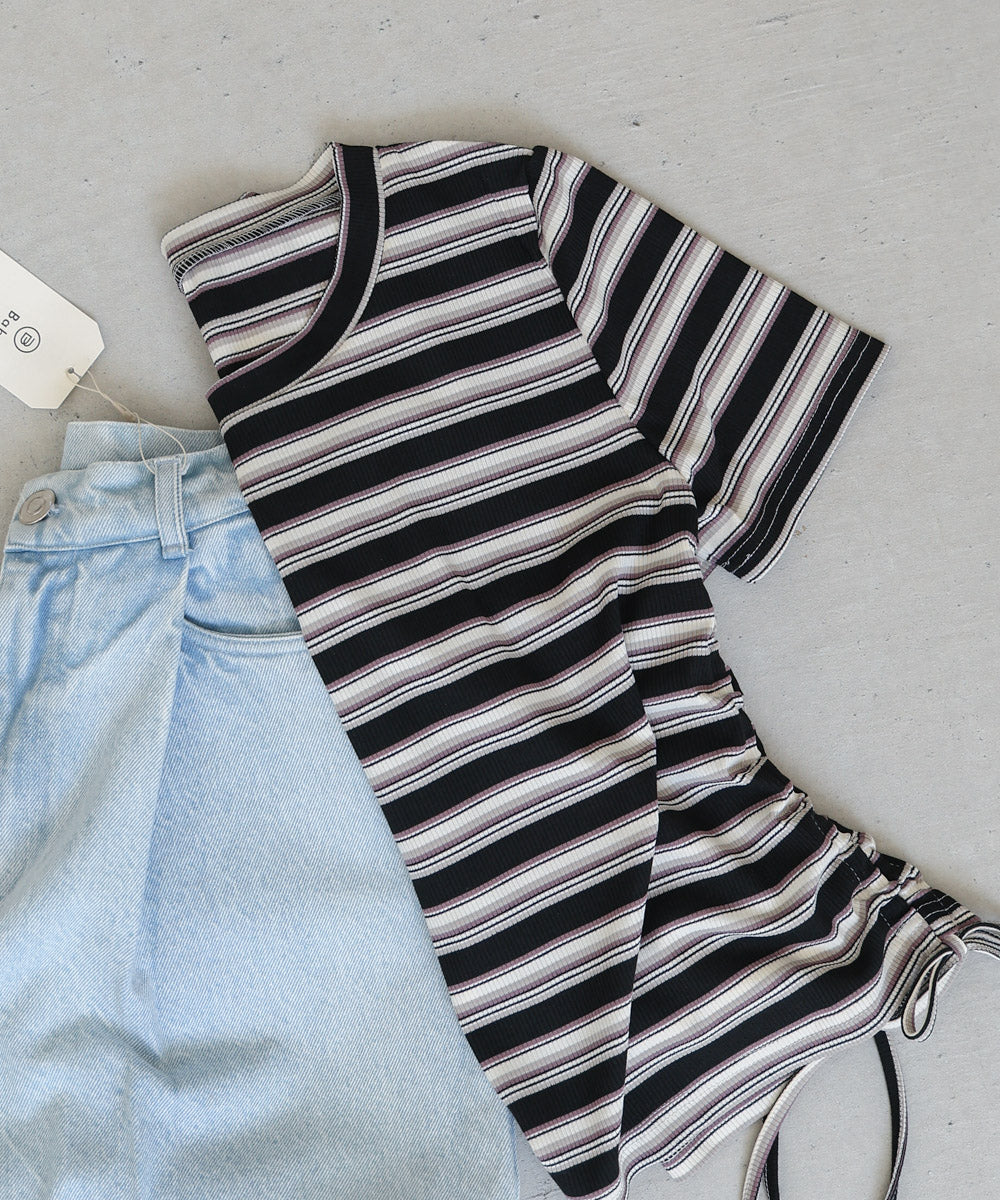 マルチボーダーサイドシャーリングＴシャツ