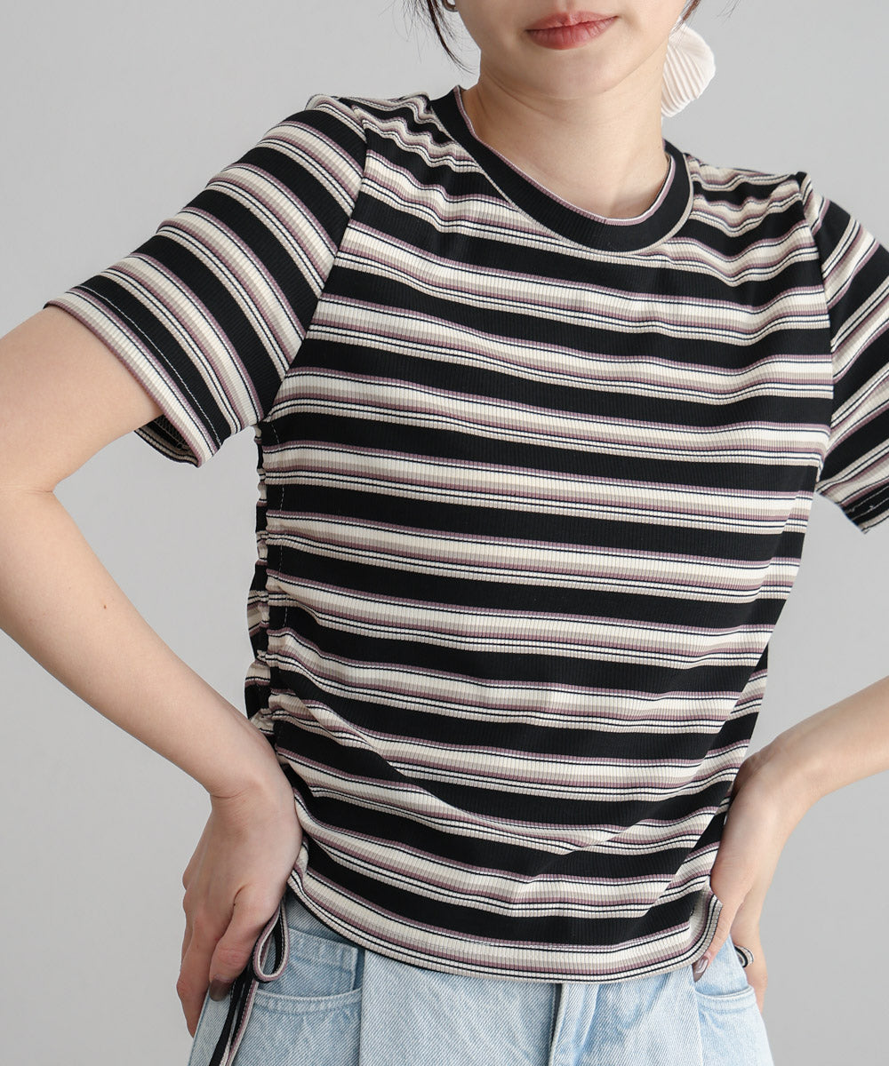 マルチボーダーサイドシャーリングＴシャツ