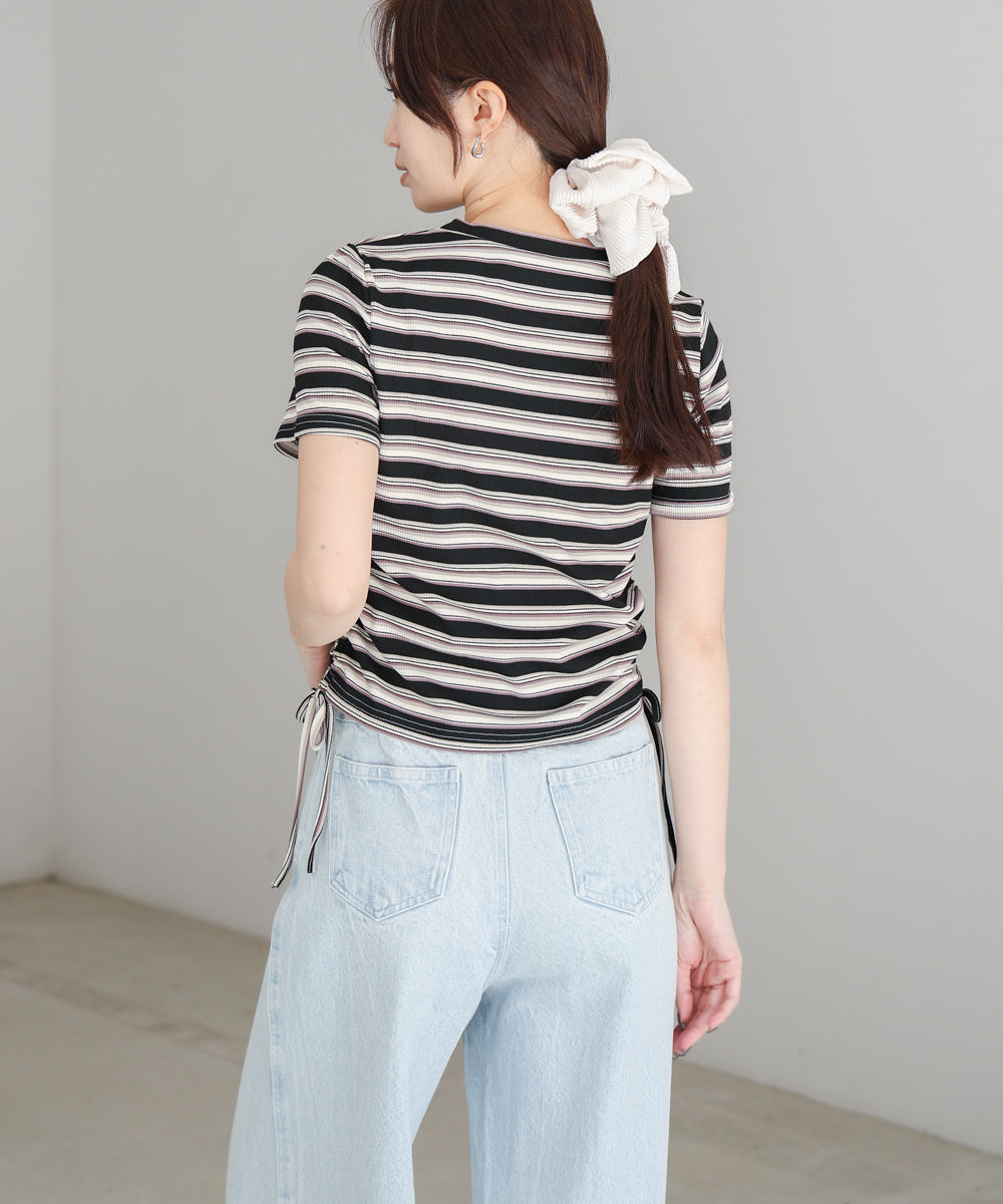 マルチボーダーサイドシャーリングＴシャツ