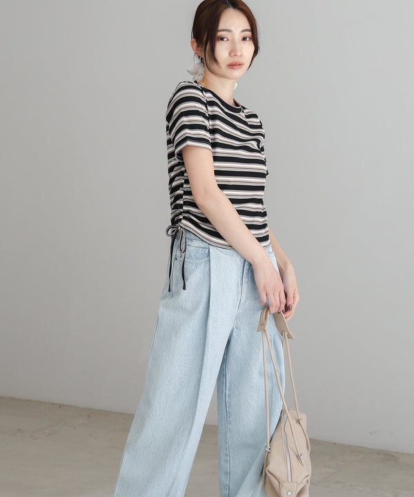 マルチボーダーサイドシャーリングＴシャツ