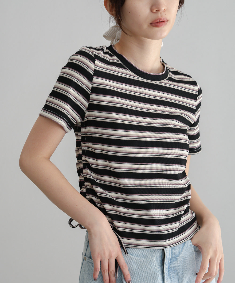 マルチボーダーサイドシャーリングＴシャツ