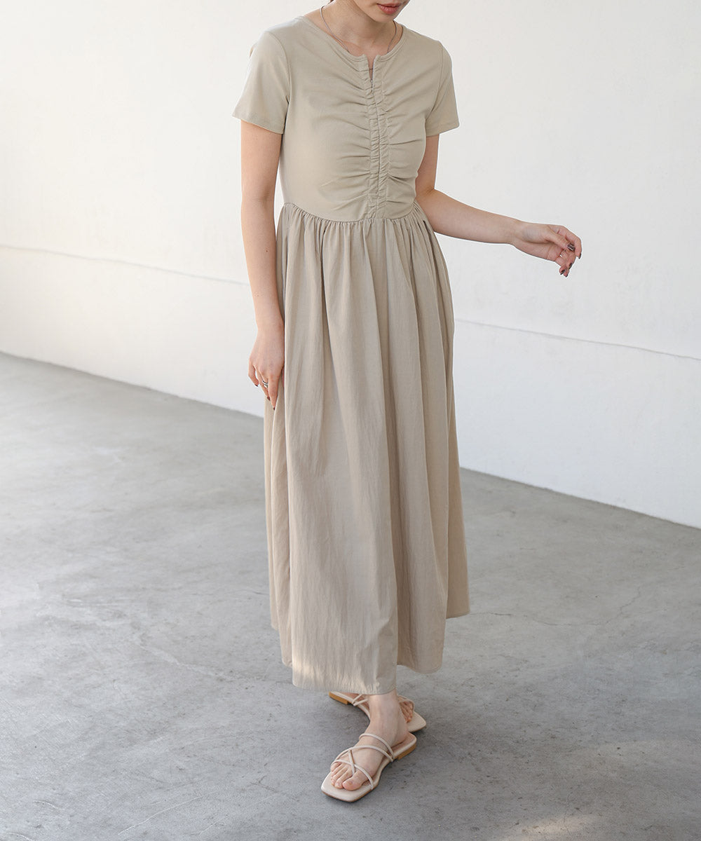 フロントギャザー異素材ドッキングワンピース