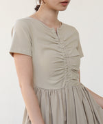 フロントギャザー異素材ドッキングワンピース