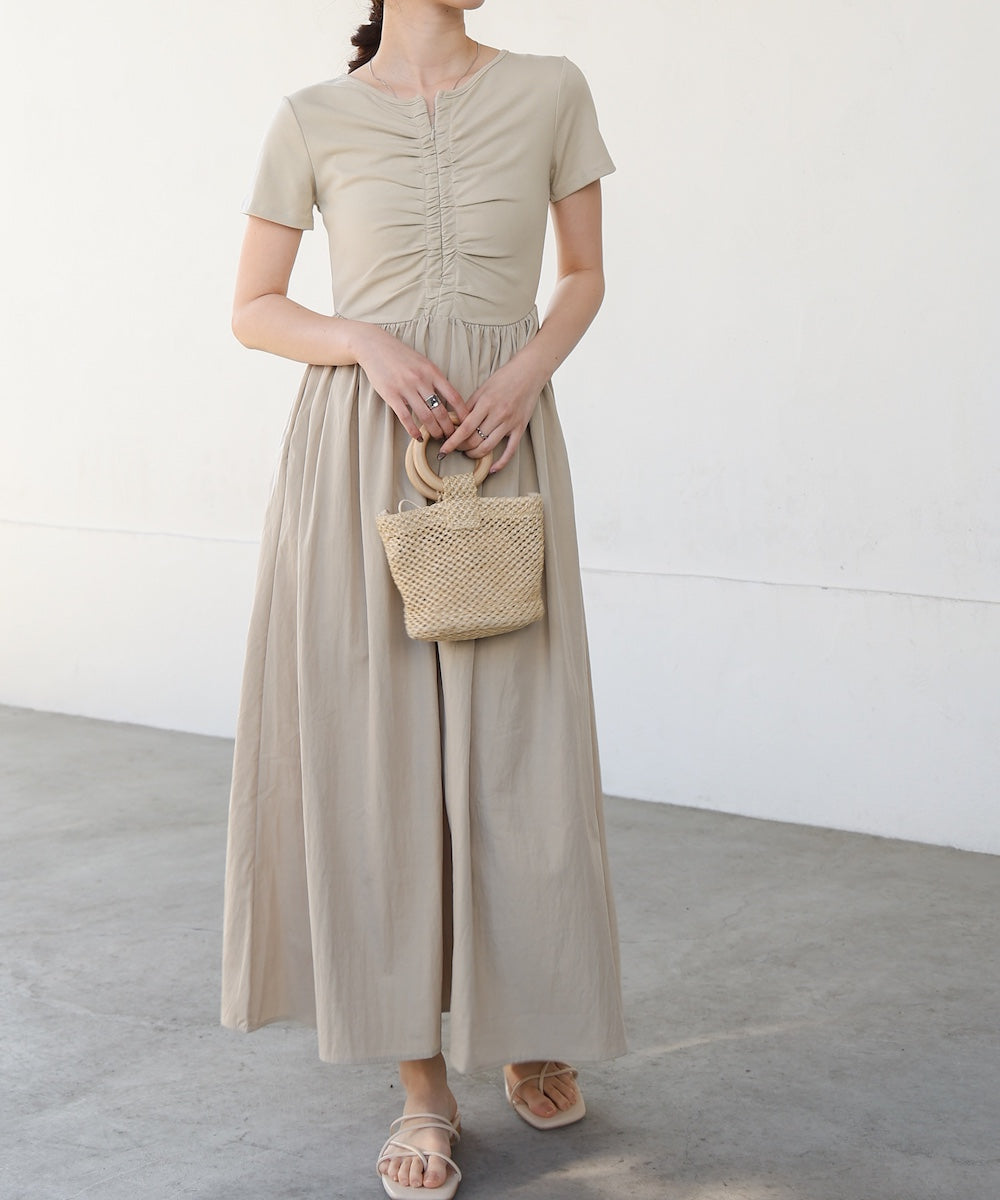 フロントギャザー異素材ドッキングワンピース