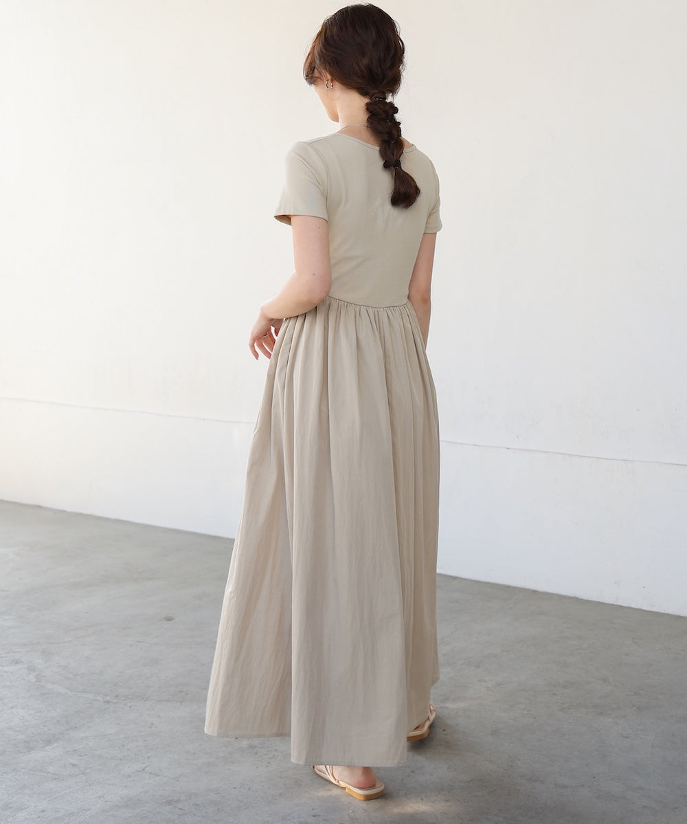 フロントギャザー異素材ドッキングワンピース