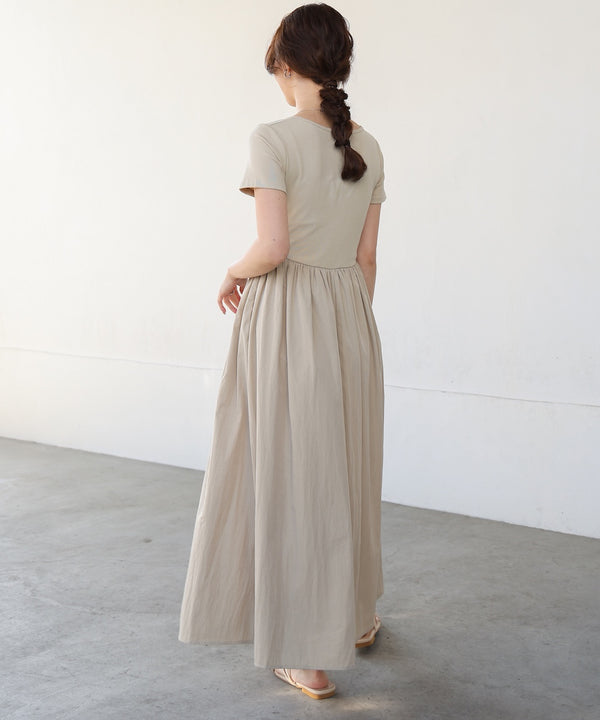 フロントギャザー異素材ドッキングワンピース