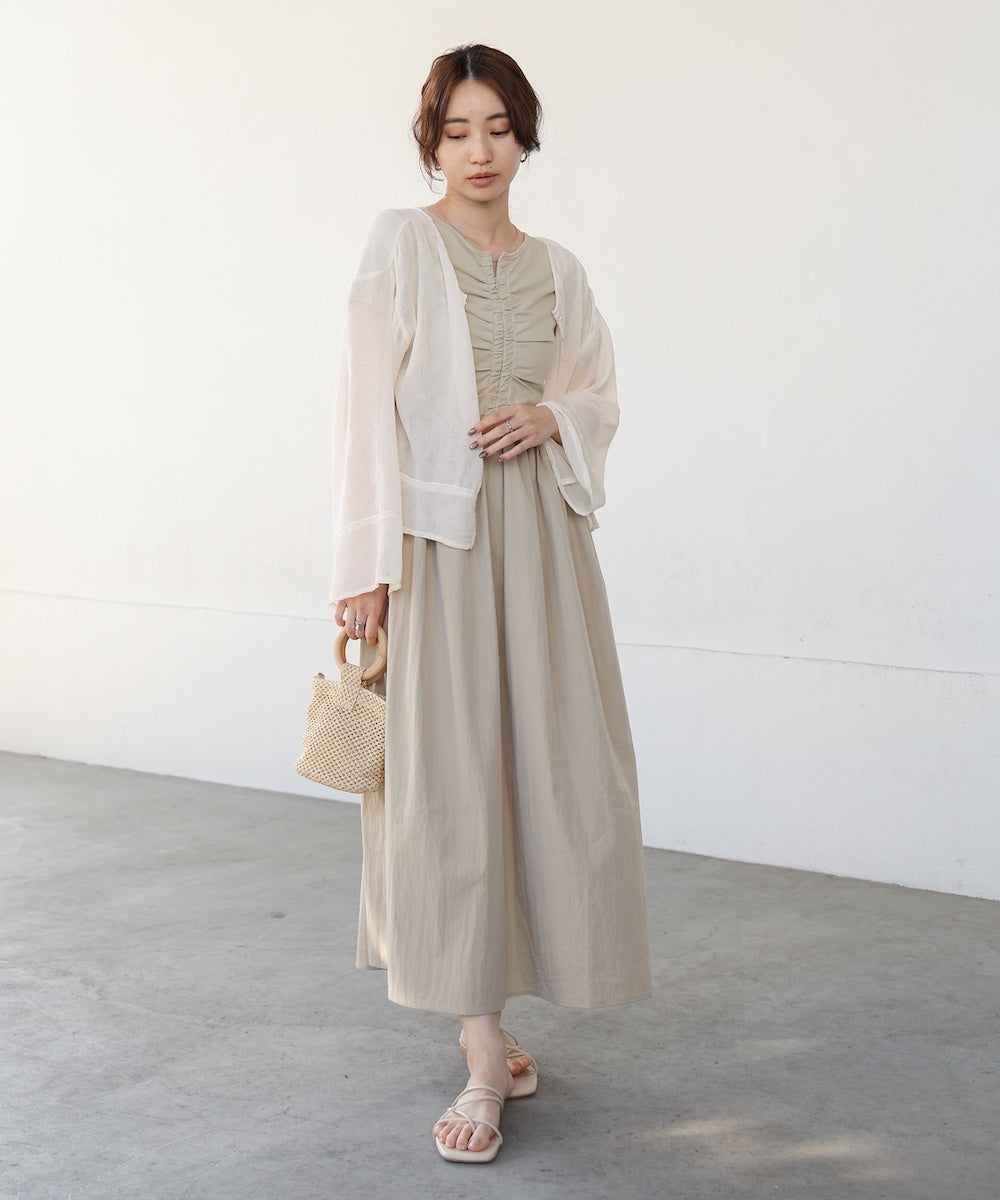 フロントギャザー異素材ドッキングワンピース