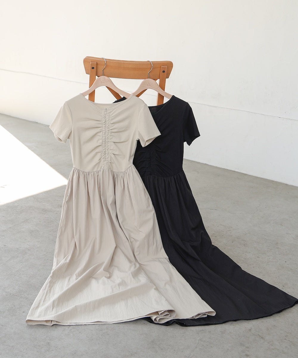 フロントギャザー異素材ドッキングワンピース
