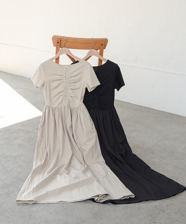 フロントギャザー異素材ドッキングワンピース