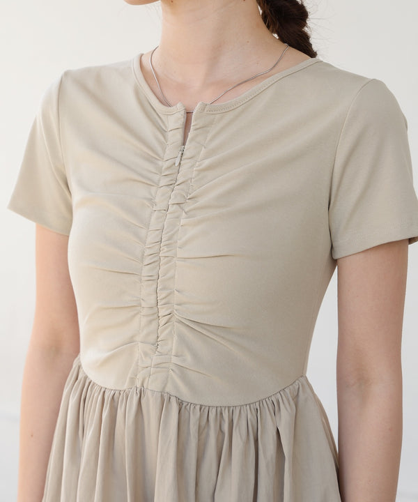 フロントギャザー異素材ドッキングワンピース