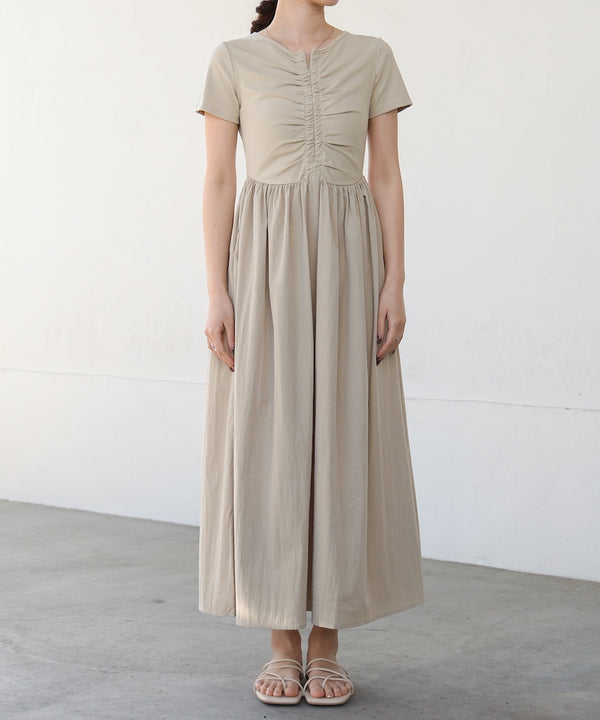 フロントギャザー異素材ドッキングワンピース