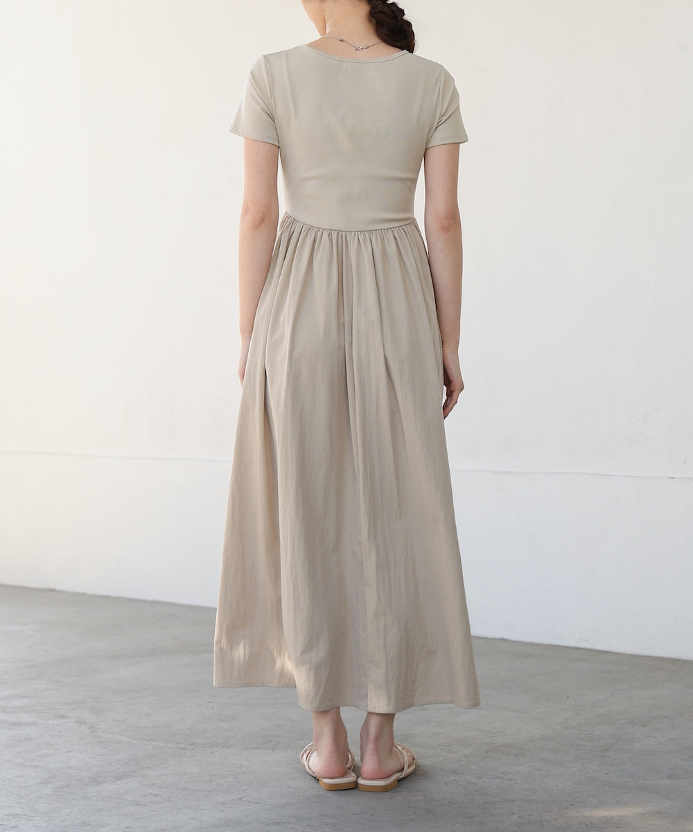 フロントギャザー異素材ドッキングワンピース