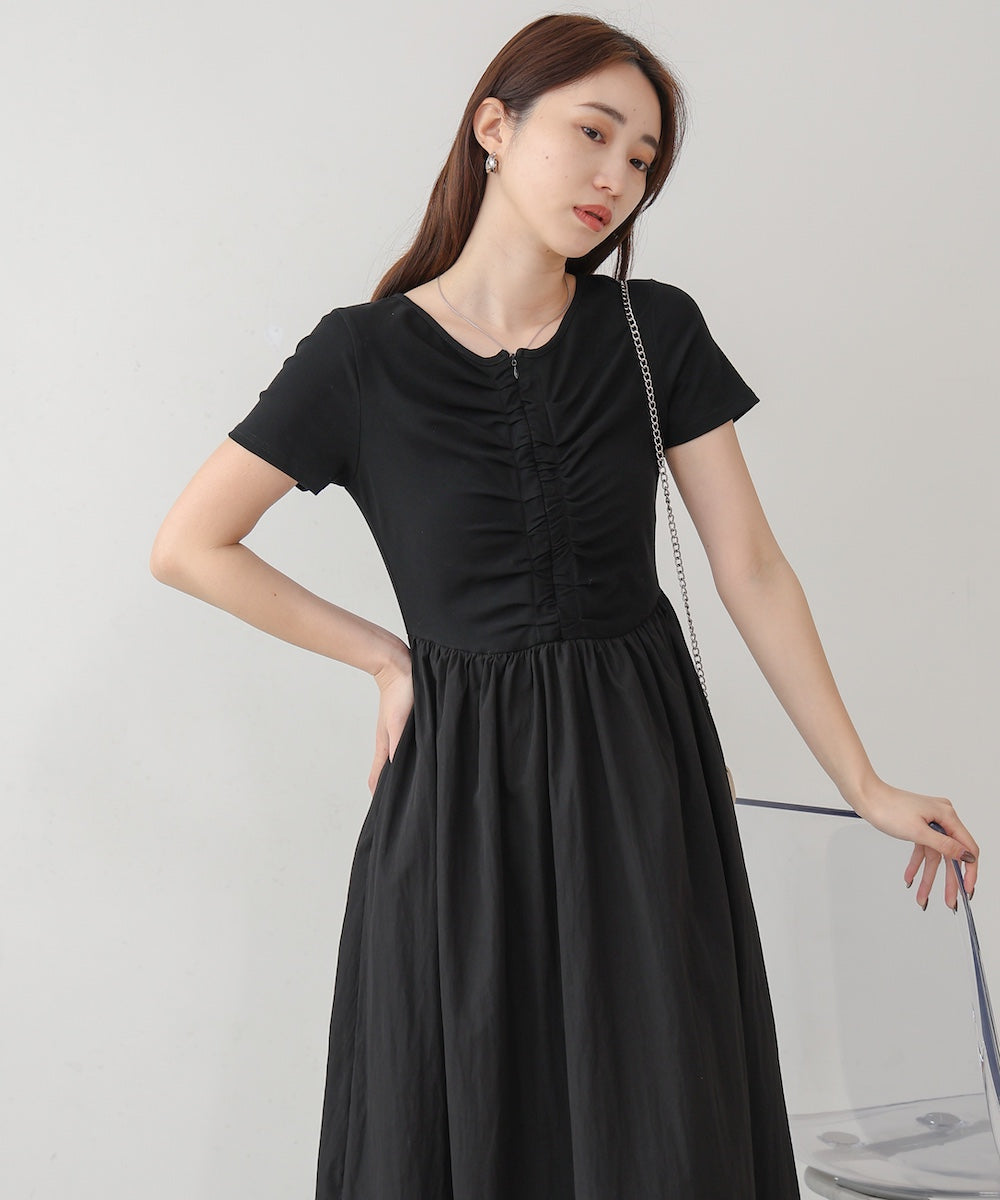 フロントギャザー異素材ドッキングワンピース