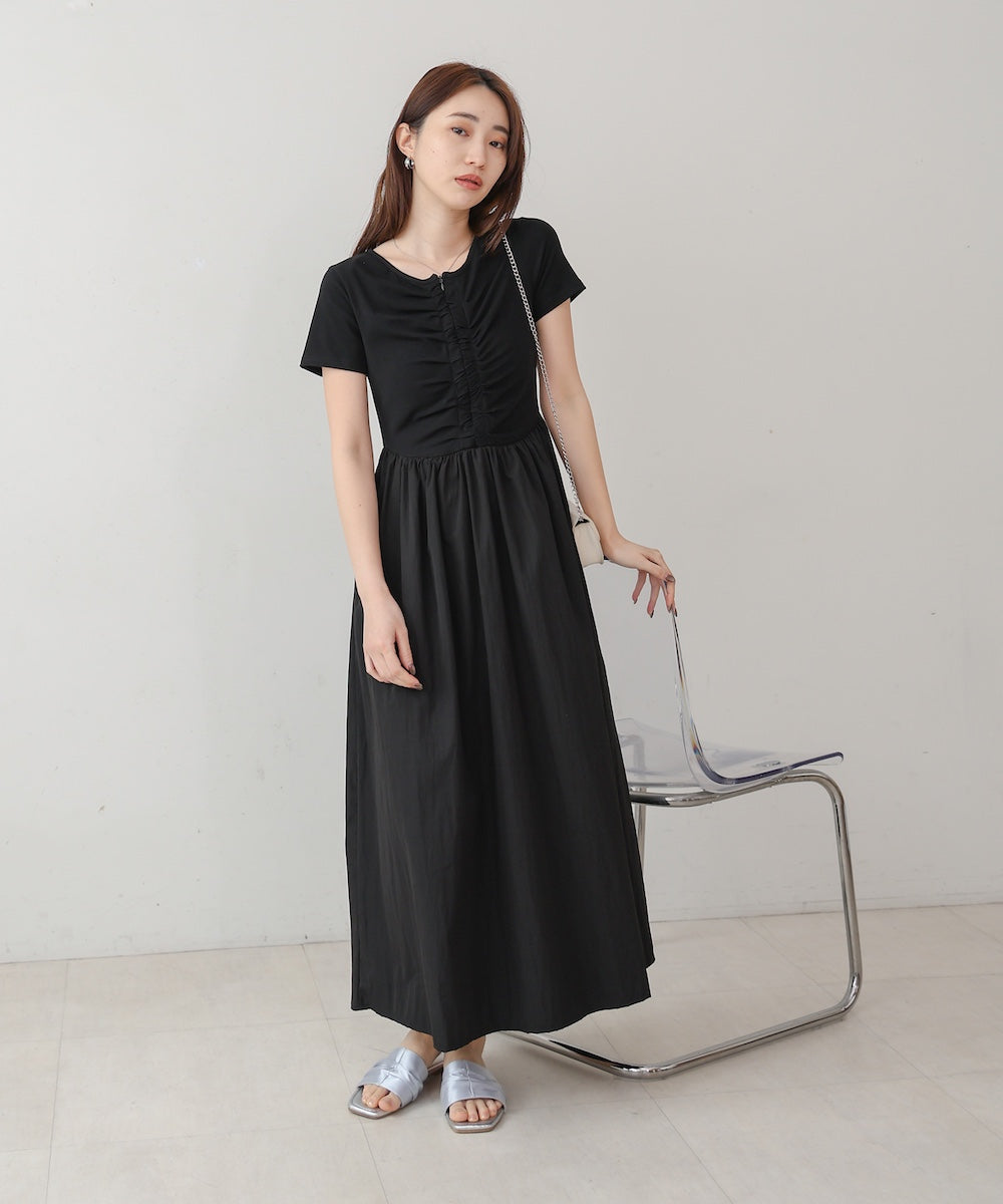 フロントギャザー異素材ドッキングワンピース