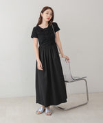 フロントギャザー異素材ドッキングワンピース