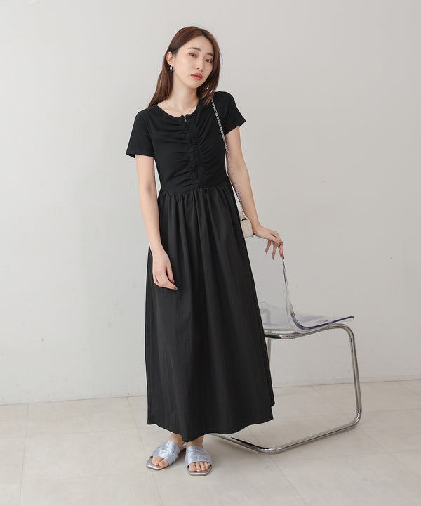 フロントギャザー異素材ドッキングワンピース