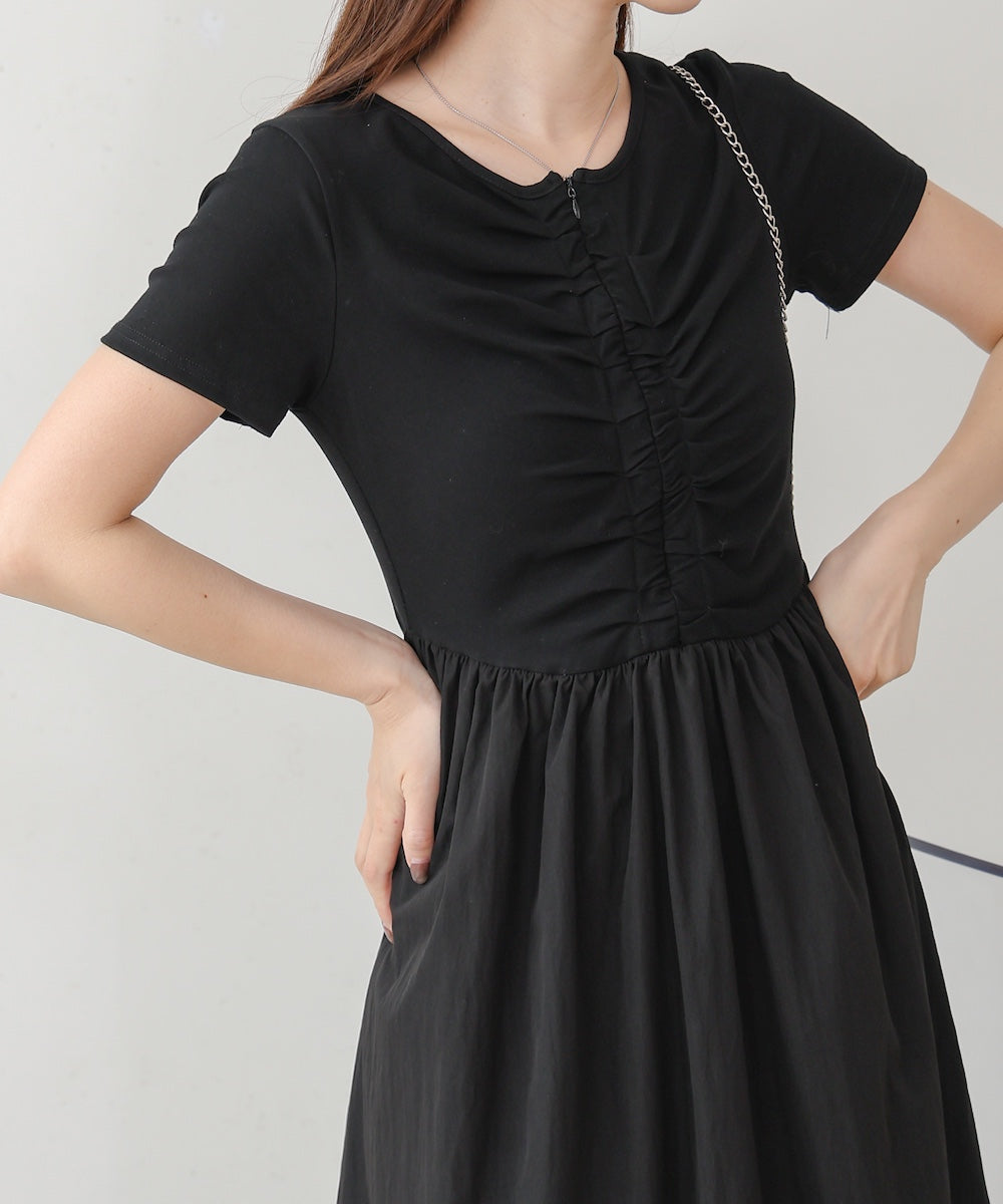 フロントギャザー異素材ドッキングワンピース