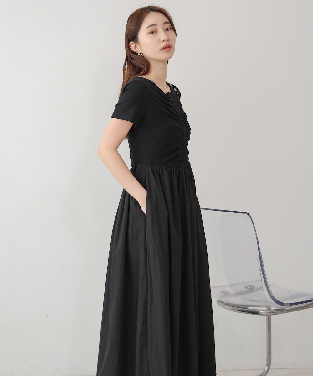 フロントギャザー異素材ドッキングワンピース