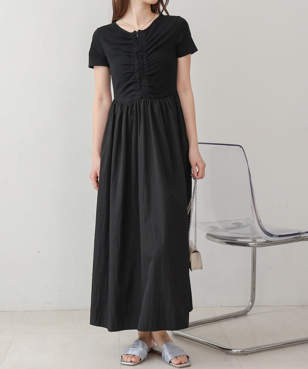 フロントギャザー異素材ドッキングワンピース