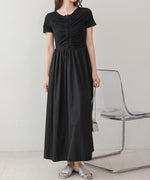 フロントギャザー異素材ドッキングワンピース