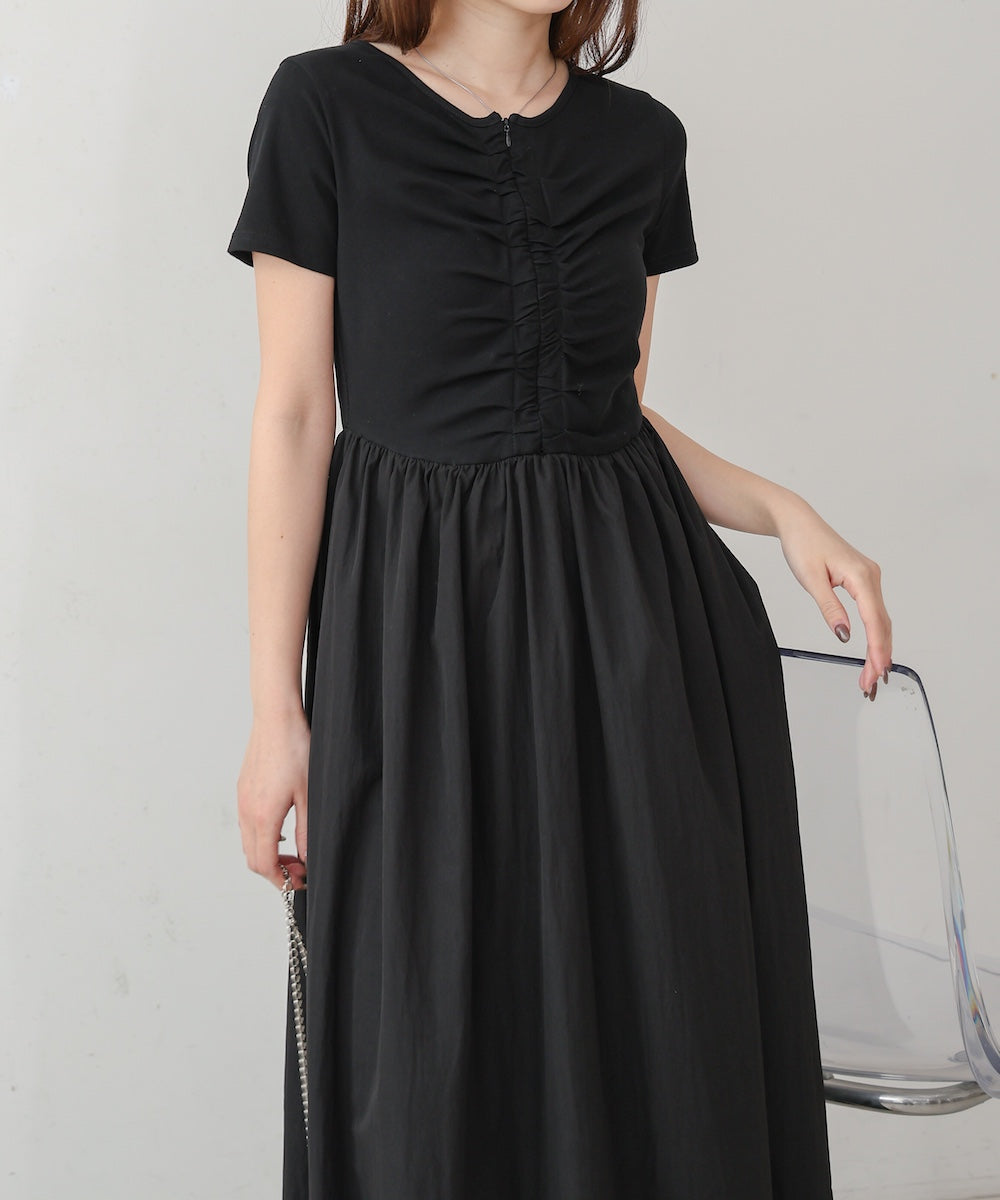 フロントギャザー異素材ドッキングワンピース