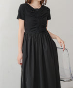 フロントギャザー異素材ドッキングワンピース