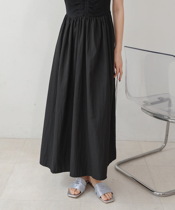 フロントギャザー異素材ドッキングワンピース