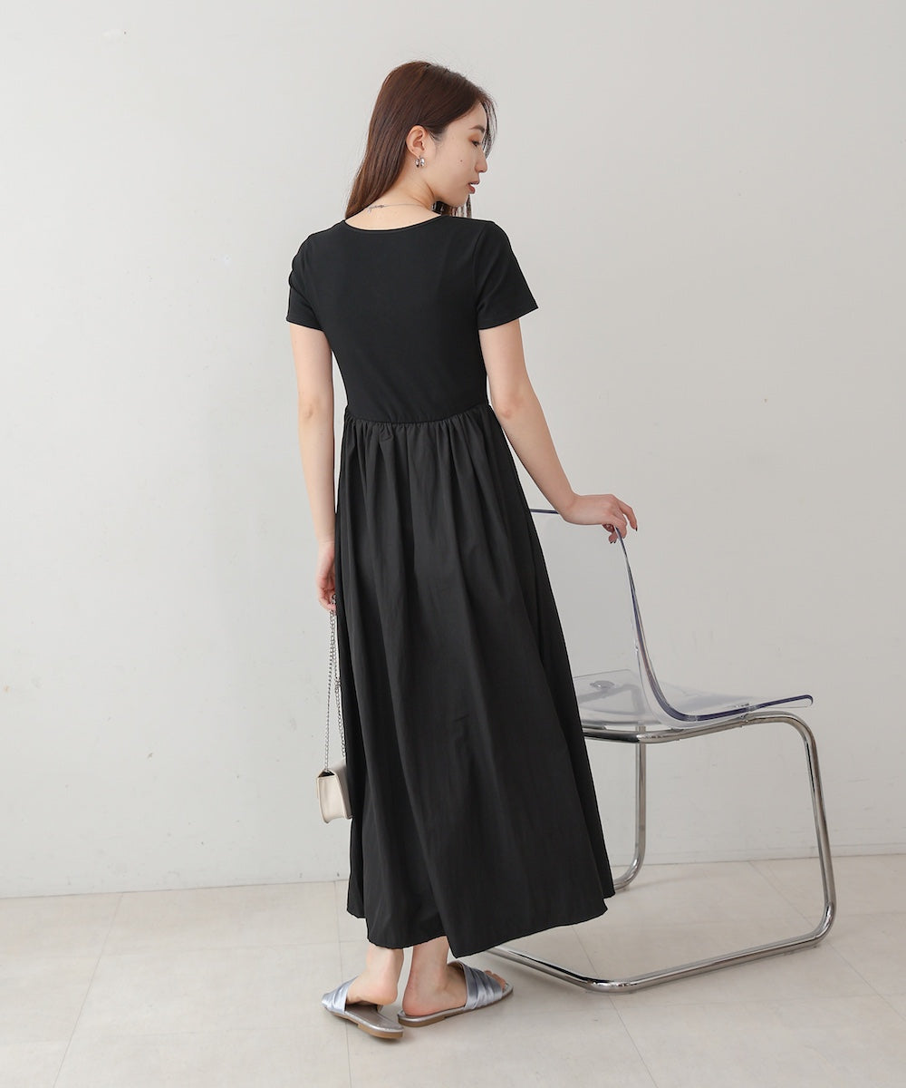 フロントギャザー異素材ドッキングワンピース
