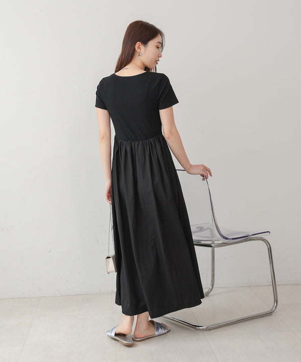 フロントギャザー異素材ドッキングワンピース