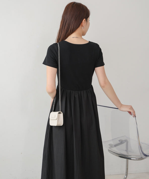 フロントギャザー異素材ドッキングワンピース